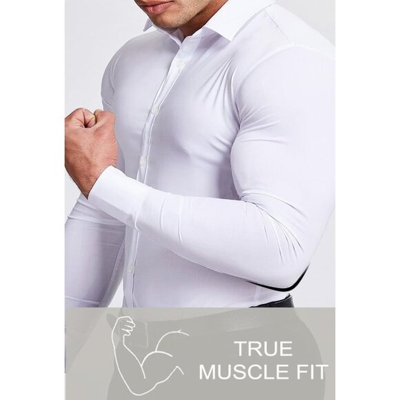 Men’s Muscle Fit Dress Shirts Athletic Slim Fit Long Sleeve Button Down Shirt - Picture 3 of 6